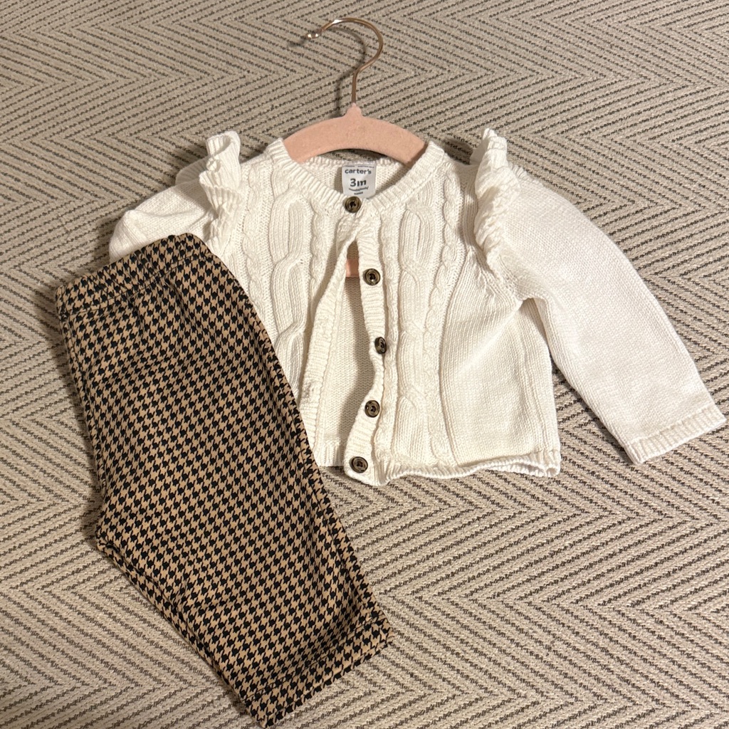 Carter’s Baby Girl 3m White Cable Knit Cardigan + Houndstooth Leggings Outfit
